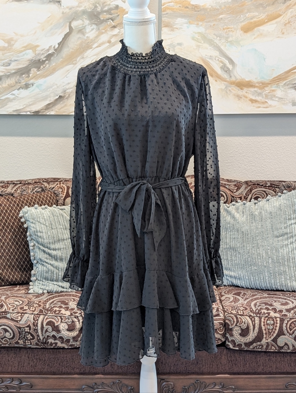 Chiffon Swiss Dot Tiered Long-Sleeve Tunic Top - Black